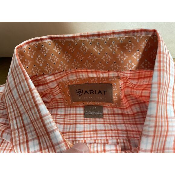 Ariat Mens Short Sleeve Button Down Classic Fit Orange Plaid Shirt Size Large - Picture 4 of 11